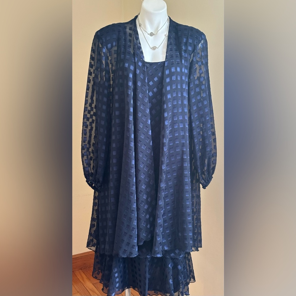 Ann Hobbs For Cattiva Navy Blue Sheer Geometric Square Dress & Jacket Set Sz 16.